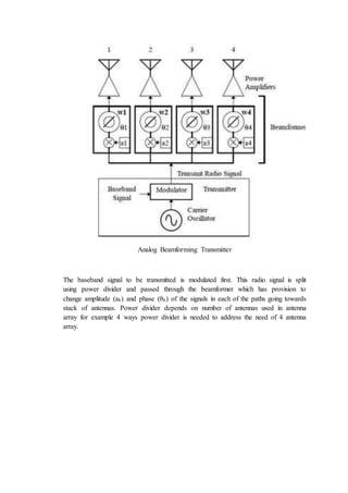 Analog Beamforming Transmitter
The baseband signal to be transmitted is modulated first. This radio signal is split
using power divider and passed through the beamformer which has provision to
change amplitude (ak) and phase (θk) of the signals in each of the paths going towards
stack of antennas. Power divider depends on number of antennas used in antenna
array for example 4 ways power divider is needed to address the need of 4 antenna
array.
 