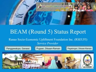 BEAM (Round 5) Status Report Ranao Socio-Economic Upliftment Foundation Inc. (RSEUFI) Service Provider  Panggawalupa, Ganassi Pugaan, Ditsaan-Ramain Pagalongan, Ditsaan-Ramain 