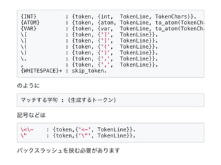 のように
マッチする字句 : {生成するトークン}
記号などは
<- : {token,{'<-', TokenLine}}.
" : {token,{'"', TokenLine}}.
バックスラッシュを挟む必要があります
{INT} : {...