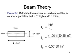 11
Beam Theory
• Example: Calculate the moment of inertia about the Y-
axis for a yardstick that is 1” high and ¼” thick.
h = 0.25”
b = 1.00”
X-Axis
Y-Axis
12
bh3
y 
I
  
12
in
0.25
in
1.00
3
y 
I
4
y in
0.00130

I
 