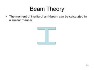 25
Beam Theory
• The moment of inertia of an I-beam can be calculated in
a similar manner.
 