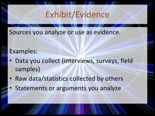 Exhibit/Evidence
Sources you analyze or use as evidence.
Examples:
• Data you collect (interviews, surveys, field
samples)
• Raw data/statistics collected by others
• Statements or arguments you analyze
 