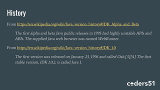 History
From https://en.wikipedia.org/wiki/Java_version_history#JDK_Alpha_and_Beta
The first alpha and beta Java public releases in 1995 had highly unstable APIs and
ABIs. The supplied Java web browser was named WebRunner.
From https://en.wikipedia.org/wiki/Java_version_history#JDK_1.0
The first version was released on January 23, 1996 and called Oak.[3][4] The first
stable version, JDK 1.0.2, is called Java 1.
 