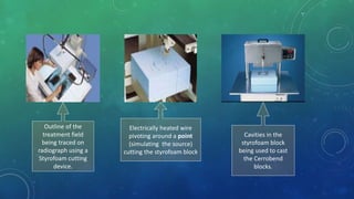 Outline of the
treatment field
being traced on
radiograph using a
Styrofoam cutting
device.
Electrically heated wire
pivoting around a point
(simulating the source)
cutting the styrofoam block
Cavities in the
styrofoam block
being used to cast
the Cerrobend
blocks.
 