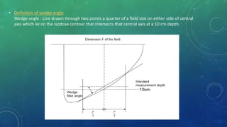 • Definition of wedge angle
Wedge angle : Line drawn through two points a quarter of a field size on either side of central
axis which lie on the isodose contour that intersects that central axis at a 10 cm depth.
 