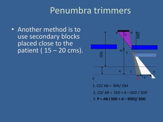 Penumbra trimmers
• Another method is to
use secondary blocks
placed close to the
patient ( 15 – 20 cms).
3. P = AB ( SSD + d – SDD)/ SDD
d
B
1. CD/ AB = MN/ OM
SSD
SDD
C D
A
E
P
O
M
N
A
2. CD/ AB = SSD + d – SDD / SDD
 