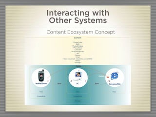 Interacting with
PH1 Mobile LifeDiary 2006
                                     Other Systems05   Concept Ideation                                                 08 2006


Concept A PC as Epicenter           Content Ecosystem Concept
                                                               Content

                                                                - Phone Calls -
                                                                      - SMS -
                                                              - Photos/Videos -
                                                                - Phone Book -
                                                                  - Calendar -
                                                            - Music/Ringtones -
                                                                        - IM -
                                                                    - Games -
                                                                     - Email -
                                               - Voice (voicemail, voicenotes, voiceSMS) -
                                                                     - Notes -
                                                                   - Storage -

                                                                 Publish




                                                                                                Publish



                    Mobile Phone        Sync                      PC                         Sync         Samsung Web



                          View                                   View                                        View


                      Create/Edit                             Create/Edit


                                                                Manage



August 25, 2006 | Conﬁdential                                                                                                55
 