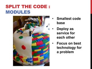 SPLIT THE CODE :
MODULES
• Smallest code
base
• Deploy as
service for
each other
• Focus on best
technology for
a problem
 