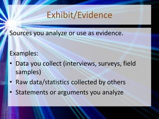 Exhibit/Evidence
Sources you analyze or use as evidence.
Examples:
• Data you collect (interviews, surveys, field
samples)
• Raw data/statistics collected by others
• Statements or arguments you analyze
 