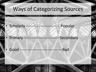 Ways of Categorizing Sources
• Scholarly -------------------------- Popular
• Primary --------------------------- Secondary
• Good -------------------------------- Bad
 