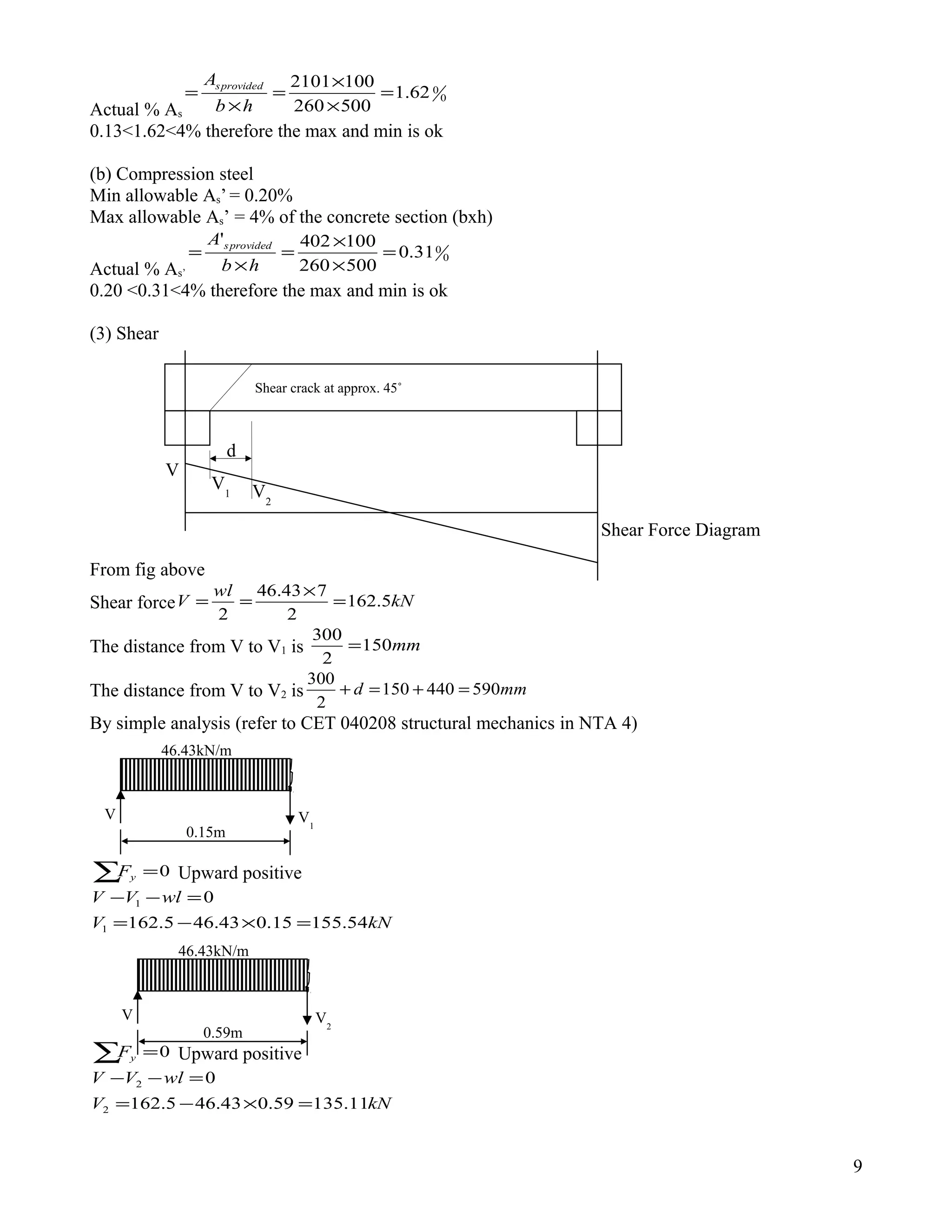 Actual % As
0
062.1
500260
1002101
=
×
×
=
×
=
hb
A provideds
0.13<1.62<4% therefore the max and min is ok
(b) Compression steel
Min allowable As’ = 0.20%
Max allowable As’ = 4% of the concrete section (bxh)
Actual % As’
0
031.0
500260
100402'
=
×
×
=
×
=
hb
A provideds
0.20 <0.31<4% therefore the max and min is ok
(3) Shear
From fig above
Shear force kN
wl
V 5.162
2
743.46
2
=
×
==
The distance from V to V1 is mm150
2
300
=
The distance from V to V2 is mmd 590440150
2
300
=+=+
By simple analysis (refer to CET 040208 structural mechanics in NTA 4)
∑ =0yF Upward positive
kNV
wlVV
54.15515.043.465.162
0
1
1
=×−=
=−−
∑ =0yF Upward positive
kNV
wlVV
11.13559.043.465.162
0
2
2
=×−=
=−−
9
V V1
0.15m
46.43kN/m
V V2
0.59m
46.43kN/m
V2
V1
Shear Force Diagram
d
V
Shear crack at approx. 45˚
 