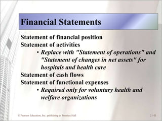 Financial Statements
  Statement of financial position
  Statement of activities
       • Replace with "Statement of operations" and
         "Statement of changes in net assets" for
         hospitals and health care
  Statement of cash flows
  Statement of functional expenses
       • Required only for voluntary health and
         welfare organizations

© Pearson Education, Inc. publishing as Prentice Hall   21-11
 