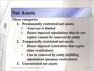 Net Assets
  Three categories
    1. Permanently restricted net assets
       • Asset use is limited
       • Donor imposed stipulations that do not
           expire/ cannot be removed by entity
    2. Temporarily restricted net assets
       • Donor imposed restrictions that expire
           (time restrictions)
       • Can be removed by entity fulfilling
           stipulations (purpose restrictions)
    3. Unrestricted net assets
© Pearson Education, Inc. publishing as Prentice Hall   21-12
 