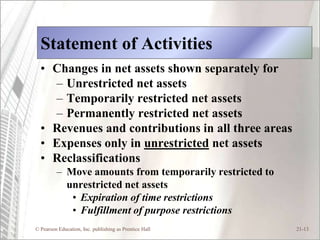Statement of Activities
  • Changes in net assets shown separately for
    – Unrestricted net assets
    – Temporarily restricted net assets
    – Permanently restricted net assets
  • Revenues and contributions in all three areas
  • Expenses only in unrestricted net assets
  • Reclassifications
         – Move amounts from temporarily restricted to
           unrestricted net assets
            • Expiration of time restrictions
            • Fulfillment of purpose restrictions
© Pearson Education, Inc. publishing as Prentice Hall    21-13
 