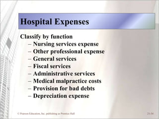 Hospital Expenses
  Classify by function
     – Nursing services expense
     – Other professional expense
     – General services
     – Fiscal services
     – Administrative services
     – Medical malpractice costs
     – Provision for bad debts
     – Depreciation expense

© Pearson Education, Inc. publishing as Prentice Hall   21-34
 