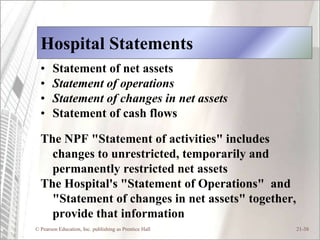 Hospital Statements
  •    Statement of net assets
  •    Statement of operations
  •    Statement of changes in net assets
  •    Statement of cash flows

  The NPF "Statement of activities" includes
    changes to unrestricted, temporarily and
    permanently restricted net assets
  The Hospital's "Statement of Operations" and
    "Statement of changes in net assets" together,
    provide that information
© Pearson Education, Inc. publishing as Prentice Hall   21-38
 