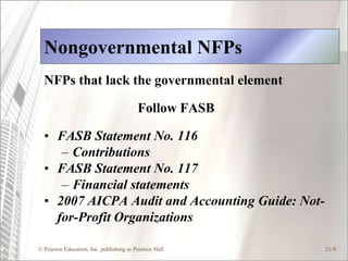 Nongovernmental NFPs
  NFPs that lack the governmental element

                                          Follow FASB

  • FASB Statement No. 116
     – Contributions
  • FASB Statement No. 117
     – Financial statements
  • 2007 AICPA Audit and Accounting Guide: Not-
    for-Profit Organizations

© Pearson Education, Inc. publishing as Prentice Hall   21-9
 