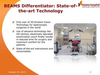 BEAMS Differentiator: State-of-
    the-art Technology

        First user of 3D Einstein Vision
        Technology for laparoscopic
        surgeries in the world
        Use of advance technology like
        HD camera, electrically operated
        examination couch finally results
        in reduced time for surgery and
        maximum comfort for the
        patients
        State-of-the-art instruments and
        consumables




 January 24, 2013                           14
 