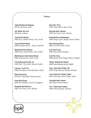 Writers:



Abdul Rahim bin Bujang                         Hon May Wan
SM Tun Fatimah, Johor                          SMK Tasek Damai, Ipoh, Perak

Ali Akbar bin Asri                             Horsiah binti Ahmad
SM Sains, Labuan                               SMK Tun Perak, Jasin, Melaka

Amrah bin Bahari                               Kalaimathi a/p Rajagopal
SMK Dato’ Sheikh Ahmad, Arau, Perlis           SMK Sungai Layar, Sungai Petani, Kedah

Aziyah binti Paimin                            Kho Choong Quan
SMK Kompleks KLIA, , Negeri Sembilan           SMK Ulu Kinta, Ipoh, Perak

Bashirah binti Seleman                         Lau Choi Fong
SMK Sultan Abdul Halim, Jitra, Kedah           SMK Hulu Klang, Selangor

Bibi Kismete binti Kabul Khan                  Loh Peh Choo
SMK Jelapang Jaya, Ipoh, Perak                 SMK Bandar Baru Sungai Buloh, Selangor

Che Rokiah binti Md. Isa                       Mohd. Misbah bin Ramli
SMK Dato’ Wan Mohd. Saman, Kedah               SMK Tunku Sulong, Gurun, Kedah

Cheong Nyok Tai                                Noor Aida binti Mohd. Zin
SMK Perempuan, Kota Kinabalu, Sabah            SMK Tinggi Kajang, Kajang, Selangor

Ding Hong Eng                                  Noor Ishak bin Mohd. Salleh
SM Sains Alam Shah, Kuala Lumpur               SMK Laksamana, Kota Tinggi, Johor

Esah binti Daud                                Noorliah binti Ahmat
SMK Seri Budiman, Kuala Terengganu             SM Teknik, Kuala Lumpur

Haspiah binti Basiran                          Nor A’idah binti Johari
SMK Tun Perak, Jasin, Melaka                   SMK Teknik Setapak, Selangor

                                                          Noorliah binti Ahmat
                                                          SM Teknik, Kuala Lumpur



      Ali Akbar bin Asri                                  Nor A’idah binti Johari

      SM Sains, Labuan                                    SMK Teknik Setapak, Selangor



      Amrah bin Bahari                                    Nor Dalina binti Idris

      SMK Dato’ Sheikh Ahmad, Arau, Perlis                SMK Syed Alwi, Kangar, Perlis
 