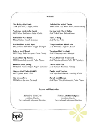 Writers:


Nor Dalina binti Idris                       Suhaimi bin Mohd. Tabiee
SMK Syed Alwi, Kangar, Perlis                SMK Datuk Haji Abdul Kadir, Pulau Pinang

Norizatun binti Abdul Samid                  Suraiya binti Abdul Halim
SMK Sultan Badlishah, Kulim, Kedah           SMK Pokok Sena, Pulau Pinang

Pahimi bin Wan Salleh                        Tan Lee Fang
Maktab Sultan Ismail, Kelantan               SMK Perlis, Perlis

Rauziah binti Mohd. Ayob                     Tempawan binti Abdul Aziz
SMK Bandar Baru Salak Tinggi, Selangor       SMK Mahsuri, Langkawi, Kedah

Rohaya binti Shaari                          Turasima binti Marjuki
SMK Tinggi Bukit Merajam, Pulau Pinang       SMKA Simpang Lima, Selangor

Roziah binti Hj. Zakaria                     Wan Azlilah binti Wan Nawi
SMK Taman Inderawasih, Pulau Pinang          SMK Putrajaya Presint 9(1), WP Putrajaya

Shakiroh binti Awang                         Zainah binti Kebi
SM Teknik Tuanku Jaafar, Negeri Sembilan     SMK Pandan, Kuantan, Pahang

Sharina binti Mohd. Zulkifli                 Zaleha binti Tomijan
SMK Agama, Arau, Perlis                      SMK Ayer Puteh Dalam, Pendang, Kedah

Sim Kwang Yaw                                Zariah binti Hassan
SMK Petra, Kuching, Sarawak                  SMK Dato’ Onn, Butterworth, Pulau Pinang



                                 Layout and Illustration:


             Aszunarni binti Ayob                      Mohd. Lufti bin Mahpudz
              Assistant Director                           Assistant Director
       Curriculum Development Division              Curriculum Development Division
 