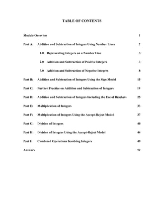 TABLE OF CONTENTS


Module Overview                                                                 1

Part A:   Addition and Subtraction of Integers Using Number Lines               2

           1.0 Representing Integers on a Number Line                           3

           2.0 Addition and Subtraction of Positive Integers                    3

           3.0 Addition and Subtraction of Negative Integers                    8

Part B:   Addition and Subtraction of Integers Using the Sign Model            15

Part C:   Further Practice on Addition and Subtraction of Integers             19

Part D:   Addition and Subtraction of Integers Including the Use of Brackets   25

Part E:   Multiplication of Integers                                           33

Part F:   Multiplication of Integers Using the Accept-Reject Model             37

Part G:   Division of Integers                                                 40

Part H:   Division of Integers Using the Accept-Reject Model                   44

Part I:   Combined Operations Involving Integers                               49

Answers                                                                        52
 
