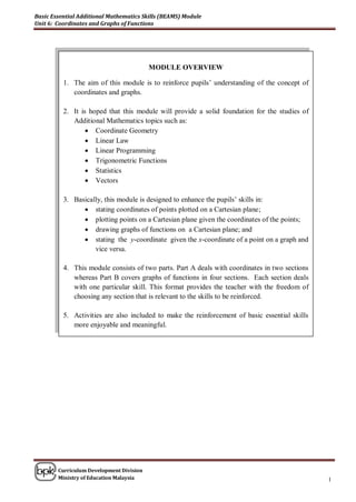 Basic Essential Additional Mathematics Skills (BEAMS) Module
Unit 6: Coordinates and Graphs of Functions




                                          MODULE OVERVIEW

          1. The aim of this module is to reinforce pupils’ understanding of the concept of
             coordinates and graphs.

          2. It is hoped that this module will provide a solid foundation for the studies of
             Additional Mathematics topics such as:
                   Coordinate Geometry
                   Linear Law
                   Linear Programming
                   Trigonometric Functions
                   Statistics
                   Vectors

          3. Basically, this module is designed to enhance the pupils’ skills in:
                 stating coordinates of points plotted on a Cartesian plane;
                 plotting points on a Cartesian plane given the coordinates of the points;
                 drawing graphs of functions on a Cartesian plane; and
                 stating the y-coordinate given the x-coordinate of a point on a graph and
                    vice versa.

          4. This module consists of two parts. Part A deals with coordinates in two sections
             whereas Part B covers graphs of functions in four sections. Each section deals
             with one particular skill. This format provides the teacher with the freedom of
             choosing any section that is relevant to the skills to be reinforced.

          5. Activities are also included to make the reinforcement of basic essential skills
             more enjoyable and meaningful.




        Curriculum Development Division
        Ministry of Education Malaysia                                                          1
 
