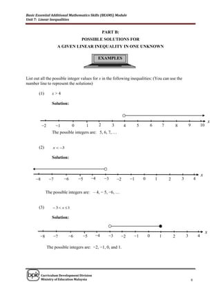 Basic Essential Additional Mathematics Skills (BEAMS) Module
Unit 7: Linear Inequalities


                                                     PART B:
                                    POSSIBLE SOLUTIONS FOR
                     A GIVEN LINEAR INEQUALITY IN ONE UNKNOWN

                                                 EXAMPLES



List out all the possible integer values for x in the following inequalities: (You can use the
number line to represent the solutions)

       (1)        x>4

                  Solution:



                                                                                                                                                     x
          −2         −1        0        1        2        3        4        5           6           7           8           9               10
                  The possible integers are: 5, 6, 7, …


       (2)        x  3

                  Solution:



                                                                                                                                            x
     −8         −7        −6       −5       −4       −3       −2       −1       0           1           2           3               4


             The possible integers are: – 4, − 5, −6, …


       (3)         3  x 1

                  Solution:


                                                                                                                                                 x
        −8        −7       −6       −5       −4        −3      −2       −1          0           1           2           3               4

               The possible integers are: −2, −1, 0, and 1.



______________________________________________________________________________

          Curriculum Development Division
          Ministry of Education Malaysia                                                                                        8
 