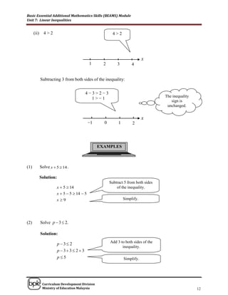 Basic Essential Additional Mathematics Skills (BEAMS) Module
Unit 7: Linear Inequalities


      (ii)     4>2                                       4>2




                                                                            x
                                             1     2       3         4


             Subtracting 3 from both sides of the inequality:


                                            4−3>2−3
                                                                                    The inequality
                                              1>−1
                                                                                       sign is
                                                                                     unchanged.


                                                                            x
                                            −1     0        1        2




                                                 EXAMPLES



(1)          Solve x  5  14 .

             Solution:
                                                       Subtract 5 from both sides
                       x  5  14                          of the inequality.
                       x  5  5  14  5
                       x9                                      Simplify.




(2)          Solve p  3  2.

             Solution:
                                                       Add 3 to both sides of the
                         p3 2
                                                              inequality.
                         p  3 3  2  3
                         p5                                    Simplify.


______________________________________________________________________________

              Curriculum Development Division
              Ministry of Education Malaysia                                                         12
 