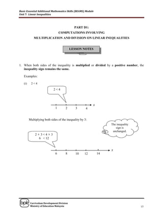 Basic Essential Additional Mathematics Skills (BEAMS) Module
Unit 7: Linear Inequalities



                                              PART D1:
                                  COMPUTATIONS INVOLVING
            MULTIPLICATION AND DIVISION ON LINEAR INEQUALITIES


                                            LESSON NOTES




1. When both sides of the inequality is multiplied or divided by a positive number, the
   inequality sign remains the same.

   Examples:

   (i)    2<4

                             2<4



                                                           x
                              1        2       3      4


         Multiplying both sides of the inequality by 3:
                                                                    The inequality
                                                                       sign is
                                                                     unchanged.
              2  3<4  3
                 6 < 12


                                                                    x
                              6        8       10    12        14




______________________________________________________________________________

          Curriculum Development Division
          Ministry of Education Malaysia                                             15
 