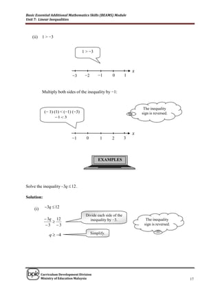 Basic Essential Additional Mathematics Skills (BEAMS) Module
Unit 7: Linear Inequalities



   (ii)    1 > −3


                                     1 > −3



                                                                     x
                              −3      −2       −1      0         1


           Multiply both sides of the inequality by −1:


                                                                          The inequality
             (− 1) (1) < (−1) (−3)                                       sign is reversed.
                    1  3



                                                                     x
                              −1       0        1      2         3




                                               EXAMPLES




Solve the inequality 3q  12 .

Solution:

     (i)     3q  12
                                       Divide each side of the
              3q 12                     inequality by −3.                 The inequality
                 
             3 3                                                        sign is reversed.

                q  4                     Simplify.




______________________________________________________________________________

           Curriculum Development Division
           Ministry of Education Malaysia                                                     17
 