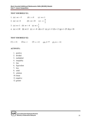 Basic Essential Additional Mathematics Skills (BEAMS) Module
Unit 7: Linear Inequalities


TEST YOURSELF E1:

1. (a) m  5           (b) x  8  (c ) m  1
                                             9
2. (a) m  4        (b) m  21      (c ) x 
                                             2
                                   1
3. (a ) m  1 (b) m  4 (c) m 
                                   2
4. (a) x  10 (b) m  1 (c) x  8 (d) x  3 (e) p  3 (f) x  2 (g) x  25 (h) p  10



TEST YOURSELF E2:

(1) x  6      (2) m  1      (3) x  13      (4) p  9        (5) m  14


ACTIVITY:

   1. positive
   2. divided
   3. multiplied
   4. inequality
   5. line
   6. Equivalent
   7. less
   8. solid
   9. solution
   10. linear
   11. negative
   12. greater




______________________________________________________________________________

        Curriculum Development Division
        Ministry of Education Malaysia                                                     30
 