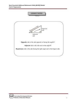 Basic Essentials Additional Mathematics Skills (BEAMS) Module
Unit 8: Trigonometry




                                     LESSON NOTES




                                      θ




                    Opposite side is the side opposite or facing the angle  .

                          Adjacent side is the side next to the angle  .

           Hypotenuse side is the side facing the right angle and is the longest side.




        Curriculum Development Division
        Ministry of Education Malaysia                                                   3
 