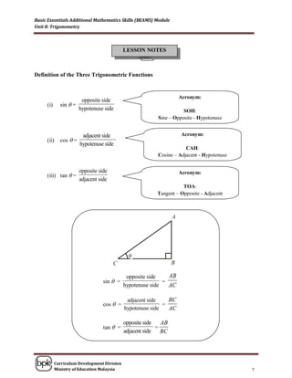 Basic Essentials Additional Mathematics Skills (BEAMS) Module
Unit 8: Trigonometry



                                             LESSON NOTES



Definition of the Three Trigonometric Functions


                                                                    Acronym:
                      opposite side
     (i)     sin  =
                     hypotenuse side                                  SOH:
                                                           Sine – Opposite - Hypotenuse


                        adjacent side                                Acronym:
     (ii)    cos  =
                       hypotenuse side
                                                                       CAH:
                                                           Cosine – Adjacent - Hypotenuse


                       opposite side                                Acronym:
     (iii) tan  =
                       adjacent side
                                                                     TOA:
                                                          Tangent – Opposite - Adjacent




                                               θ


                                              opposite side    AB
                                  sin  =                    =
                                             hypotenuse side   AC

                                              adjacent side    BC
                                  cos  =                    =
                                             hypotenuse side   AC

                                             opposite side   AB
                                  tan  =                  =
                                             adjacent side   BC




           Curriculum Development Division
           Ministry of Education Malaysia                                                   7
 