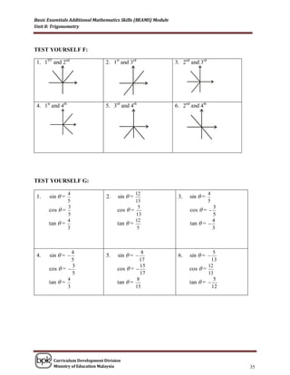 Basic Essentials Additional Mathematics Skills (BEAMS) Module
Unit 8: Trigonometry



TEST YOURSELF F:

 1. 1ST and 2nd                 2. 1st and 3rd                  3. 2nd and 3rd




 4. 1st and 4th                 5. 3rd and 4th                  6. 2nd and 4th




TEST YOURSELF G:

              4                              12                                  4
 1.   sin  =                   2.   sin  =                     3.   sin  =
              5                              13                                  5
              3                               5                                 3
      cos  =                        cos  =                          cos  = 
              5                              13                                 5
              4                              12                                 4
      tan  =                        tan  =                          tan  = 
              3                               5                                 3



                4                               8                                5
 4.   sin  =                  5.   sin  =                    6.   sin  = 
                5                              17                               13
                3                               15                            12
      cos  =                       cos  =                         cos  =
                5                               17                            13
              4                               8                                  5
      tan  =                        tan  =                          tan  = 
              3                              15                                 12




        Curriculum Development Division
        Ministry of Education Malaysia                                               35
 