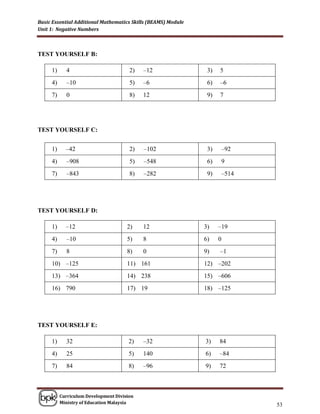Basic Essential Additional Mathematics Skills (BEAMS) Module
Unit 1: Negative Numbers



TEST YOURSELF B:

     1)     4                          2)   –12                 3)   5
     4)     –10                        5)   –6                  6)   –6
     7)     0                          8)   12                  9)   7




TEST YOURSELF C:


     1)     –42                        2)   –102                3)    –92
     4)     –908                       5)   –548                6)    9
     7)     –843                       8)   –282                9)    –514




TEST YOURSELF D:

     1)     –12                       2)    12                 3)    –19
     4)     –10                       5)    8                  6)    0
     7)     8                         8)    0                  9)    –1
     10) –125                         11) 161                  12) –202
     13) –364                         14) 238                  15) –606
     16) 790                          17) 19                   18) –125




TEST YOURSELF E:

     1)     32                         2)   –32                3)    84
     4)     25                         5)   140                6)    –84
     7)     84                         8)   –96                9)    72



          Curriculum Development Division
          Ministry of Education Malaysia
                                                                             53
 