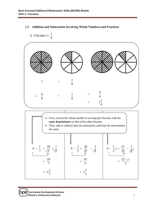 Basic Essential Additional Mathematics Skills (BEAMS) Module
UNIT 2: Fractions




     1.3 Addition and Subtraction Involving Whole Numbers and Fractions

                          1
          i) Calculate 1  .
                          8




                                                 1
                   1                 +
                                                 8

                                                                        9
                   8                             1                
                                    +                                  8
                   8                             8
                                                                          1
                                                                       1
                                                                          8



                            First, convert the whole number to an improper fraction with the
                             same denominator as that of the other fraction.
                            Then, add or subtract only the numerators and keep the denominator
                             the same.




                  1   28   1                          2   20   2                    1    12   1
            4                                4                           4     y       y
                  7   7    7                          5   5    5                    3     3   3

                            29                              18                              12  y
                                                                                      
                            7                                5                                3

                              1                               3
                        4                               3
                              7                               5




        Curriculum Development Division
        Ministry of Education Malaysia                                                               7
 