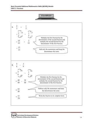 Basic Essential Additional Mathematics Skills (BEAMS) Module
UNIT 2: Fractions



                                               EXAMPLES




       2                 1
 1.             
       3                 5

         2 5                1 3
                                                 Multiply the first fraction with the second denominator
       =                 +                       and
         3 5                5 3                multiply the second fraction with the first denominator.
                                               Multiply the first fraction by the
                                            denominator of the second fraction and
           10                 3
                                            multiply the second fraction by the
           15                15                denominator of the first fraction.

           13
       =                                    Add only the numerators and keep the
           15
                                                  denominator the same.




       5             3
 2.             
       6             8

                8                6
        5                    3
      =                  –
        6                    8
                8                6
                                           Multiply the first fraction by the
                                        denominator of the second fraction and
           40   18
      =                                  multiply the second fraction by the
           48   48                         denominator of the first fraction.


           22                           Subtract only the numerators and keep
      =                                       the denominator the same.
           48

           11                               Write the fraction in its simplest form.
      =
           24




          Curriculum Development Division
          Ministry of Education Malaysia                                                                    14
 