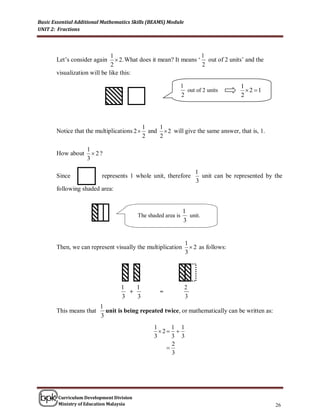 Basic Essential Additional Mathematics Skills (BEAMS) Module
UNIT 2: Fractions




                              1                                   1
       Let’s consider again      2. What does it mean? It means ‘ out of 2 units’ and the
                              2                                   2
       visualization will be like this:

                                                               1                     1
                                                                 out of 2 units        2 1
                                                               2                     2




                                            1    1
       Notice that the multiplications 2     and  2 will give the same answer, that is, 1.
                                            2    2

                    1
       How about      2?
                    3

                                                                     1
       Since              represents 1 whole unit, therefore           unit can be represented by the
                                                                     3
       following shaded area:


                                                               1
                                          The shaded area is     unit.
                                                               3


                                                                1
       Then, we can represent visually the multiplication          2 as follows:
                                                                3




                                  1   1                         2
                                    +              =
                                  3   3                         3
                         1
       This means that     unit is being repeated twice, or mathematically can be written as:
                         3
                                                1     1 1
                                                  2 
                                                3     3 3
                                                      2
                                                    
                                                      3




        Curriculum Development Division
        Ministry of Education Malaysia                                                            26
 