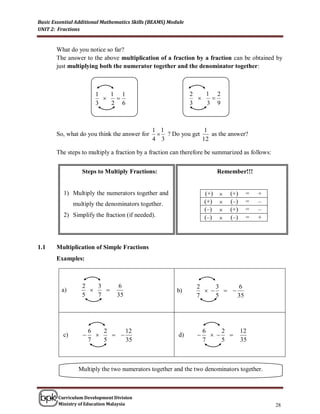 Basic Essential Additional Mathematics Skills (BEAMS) Module
UNIT 2: Fractions


       What do you notice so far?
       The answer to the above multiplication of a fraction by a fraction can be obtained by
       just multiplying both the numerator together and the denominator together:



                        1   1 1                                2   1 2
                                                                 
                        3   2 6                                3   3 9



                                               1 1              1
       So, what do you think the answer for      ? Do you get    as the answer?
                                               4 3             12

       The steps to multiply a fraction by a fraction can therefore be summarized as follows:


                  Steps to Multiply Fractions:                            Remember!!!


          1) Multiply the numerators together and                   (+)      (+)    =   +
               multiply the denominators together.                  (+)      (–)    =   –
                                                                    (–)      (+)    =   –
          2) Simplify the fraction (if needed).                     (–)      (–)    =   +



1.1    Multiplication of Simple Fractions
       Examples:



                  2   3         6                               2    3    6
         a)                                            b)          
                  5   7         35                              7    5    35




                      6   2     12                                  6     2         12
          c)                                         d)              
                      7   5     35                                  7     5         35



                 Multiply the two numerators together and the two denominators together.



        Curriculum Development Division
        Ministry of Education Malaysia                                                          28
 
