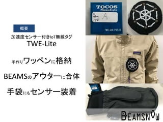加速度センサー付きIoT無線タグ
TWE-Lite
手作りワッペンに格納
BEAMSのアウターに合体
手袋にもセンサー装着
概要
 