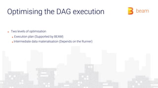 Optimising the DAG execution
■ Two levels of optimisation
■ Execution plan (Supported by BEAM)
■ Intermediate data materialisation (Depends on the Runner)
 