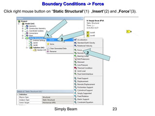 Simply Beam 23
Boundary Conditions -Boundary Conditions -> Force> Force
Click right mouse button on “Static Structural“(1) „Insert“(2) and „Force”(3).
2
3
1
 