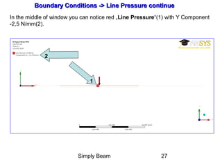 Simply Beam 27
Boundary Conditions -Boundary Conditions ->> Line Pressure continueLine Pressure continue
In the middle of window you can notice red „Line Pressure“(1) with Y Component
-2,5 N/mm(2).
1
2
 