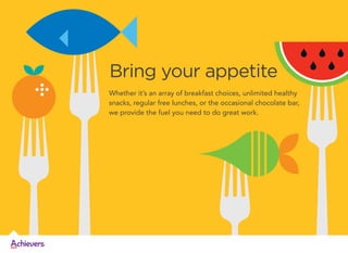 Bring your appetite
Whether it’s an array of breakfast choices, unlimited healthy
snacks, regular free lunches, or the occasional chocolate bar,
we provide the fuel you need to do great work.

 