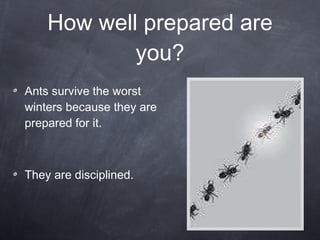 How well prepared are you? Ants survive the worst winters because they are prepared for it. They are disciplined. 