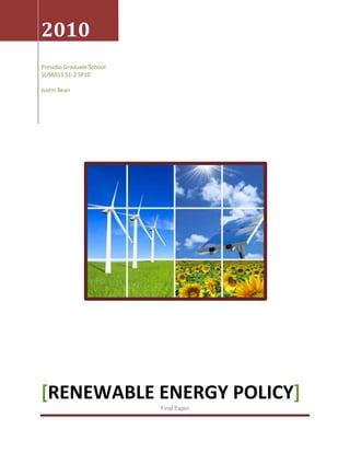 2010Presidio Graduate School SUS6015 S1-2 SP10Justin Bean [Renewable energy policy]Final Paper-814070178244500<br />Renewable Energy Policies for a Better World<br />Introduction<br />Renewable energy is defined by the EU (Directive 2001/77/EC) as:<br />• Wind power (onshore and offshore)<br />• Solar power (photovoltaics and solar thermal electricity)<br />• Geothermal power<br />• Hydro power (small scale and large scale)<br />• Wave power<br />• Tidal power<br />• Biomass<br />• Biogas (including landfill and sewage gas).<br />These forms of electrical power generation comprised just 7% of the US energy consumption mix in 2008 (DOE 2009).  As shown in figure 1, this primarily consists of biomass and hydroelectric, which represent 53% and 34%, respectively.  Wind, solar, and geothermal together accounted for just 13% of the renewable energy mix.  However, the US Department of Energy expects the portion of energy consumption supplied by renewables to double over the next 20 years (Quad = quadrillion BTUs, roughly the energy consumption of 10 million US households annually).<br />Figure 1 Source: DOE 2009<br />Despite these optimistic estimates, the probability of increasing our utilization of renewables will be affected significantly by the policies we chose to put in place.  The market can be a powerful driver of new technologies and their implementation.  However, current production prices for renewables can be cost-prohibitive.  Reaching grid parity (the point at which the price of generating renewable energy equals the price of power generated from the grid) will be a major breakthrough for any particular renewable energy industry, but is not a reality currently because of large subsidies for oil and other traditional sources of electrical generation which amount to an average of nearly $10.3 billion per year (ELI 2009), cost of research and development of renewable technologies, and economies of scale enjoyed by more established energy industries.  McKinsey & Company (2008) report that this grid parity for photovoltaics (PV) is within reach, however, at current rates of technological advancement and fossil fuel price levels, this won’t be achieved for many states or countries until 2020 (see figure 2).  The top right, dark grey area represents the cost region where grid parity exists today because of power costs, solar yields, and peak price.  The lighter-shaded area represents the cost region where PV grid parity is expected to be reached by 2020.  Renewables in general will become economically competitive in an open market when they reach grid parity, usually because of improved technology, unless fossil fuel subsidies are dropped or an unforeseen breakthrough in renewable energy technology brings down the price by a substantial margin.<br />Figure 2 Source: McKinsey & Company (2008)<br />It becomes clear, then, that at our current levels of technological capability and cost of renewable energy production, strong policies are needed to advance cleaner, renewable energy in the United States.<br />Policy Types<br />Several key policies have been implemented in the US and abroad, from market-based incentives to mandated energy mix ratios, to net metering, which requires utility companies to purchase unused energy from customers with their own power generation capabilities.  These policies have been undertaken with varying degrees of success but what is clear is that they are more effective in a more supportive political and customer environment and especially in combination with each other (Runci 2005).<br />Financial Incentives<br />Incentives are most commonly paid to customers of PV or solar water heating (SWH) modules to offset the discouraging up-front costs of capital and installation, in order to encourage installation of renewable energy generators.  These can come in the form of grants, tax credits, or rebates, or performance-based incentives and expected performance-based rebates.  The latter two funds can be paid in one lump sum based on the tilt, direction, location, etc. of the installation, or in a series of payments that reflects the actual energy production of the module in an effort to encourage efficient design and installation.  Although these policies are primarily designed to reimburse customers of solar installations, these incentives could be adopted for other renewable energy installations with the cooperation of policy makers.  As of 2009, 20 US states and around 100 utility companies offered some kind of direct incentives for purchasing and/or installing renewable energy (NREL 2009).  The Center for Resource Solutions, in their report on international tax incentive policies for renewable energy (2005), found that incentives “are powerful policy tools that can help to drive the market for renewable energy, when combined with other policies.”<br />Grid Integration<br /> Connecting residential or commercial renewable power generators to the area’s electrical grid, and crediting or paying the owner of the generator for what they produce is another option.  This usually takes the form of net metering or feed-in tariffs (FiTs).  The motivations for using these systems vary from economic opportunity to self-sufficiency and a desire for alternative energy sources during grid instability and brownouts/blackouts.<br />Net Metering<br />Net metering is a policy which requires utilities to credit a customer who produces energy and sells it back to the grid, receiving credit on their monthly bill.  This is a relatively simple accounting option that requires no installation of a second meter (unlike FiTs) because standard meters are already capable of measuring inflows and outflows, as they simply rotate backward if net outflow exceeds net inflow.  Prices of electricity are usually set at the wholesale or market (retail) rate, but sometimes based on the type of generator used for generation (although this requires a second meter).  The US Energy Policy Act of 2005, specifically section 1251 required State Commissions and non-regulated utilities to “consider adoption” of net metering  as well as plans to diversify energy sources.  This has led to the adoption of net metering policies in more than 40 US states, although they vary widely in approach, rules, and limitations (NREL 2009).  This can be an effective means of encouraging consumers to purchase and install renewable generators, as it eliminates the need for costly energy storage systems and rewards the producer for energy produced, making it a more attractive long-term investment.  Although because a customer’s electric bill can only reach zero, they are unable to make money on energy produced over their amount of consumption.  This can discourage energy efficiency or the implementation of large installations when small ones are sufficient to credit an entire bill. <br />Feed-in Tariffs<br />Feed-in tariffs differ from net metering schemes in that they require a utility to pay a customer for electricity produced in excess of consumption.  They require the installation of a second meter and a more complicated policy structure that often requires payments to be made at differing rates depending on the source of the electricity being produced.  Often the price of producing renewable energy is above the price of retail energy from the utility, and rates generally reflect this, making it a desirable option for the consumer (LABC 2009).  FiTs have been at the heart of many successful attempts to stimulate renewable energy industry growth, assure investors of future revenue, and push more capital into the market.  By helping renewable industries to reach or even exceed grid parity, they provide powerful incentives for investors to support both large and small-scale projects (LABC 2009).  Studies of FiT policies abroad and in the US done by the US Department of Energy (2009) and the Los Angeles Business Council (2009) found characteristics of successful FiT policies to be:<br />,[object Object]
