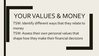YOURVALUES & MONEY
TSW: Identify different ways that they relate to
money
TSW: Assess their own personal values that
shape how they make their financial decisions
 
