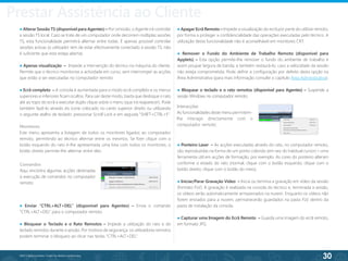 30
©2013 BeAnywhere. Todos os direitos reservados.
● Alterar Sessão TS (disponível para Agentes) – Por omissão, o Agente irá controlar
a sessão TS local. Caso se trate de um computador onde decorrem múltiplas sessões
TS, esta funcionalidade permitirá alternar entre todas. É apenas possível controlar
sessões activas (o utilizador tem de estar efectivamente conectado à sessão TS, não
é suficiente que esta esteja aberta).
● Apenas visualização – Impede a intervenção do técnico na máquina do cliente.
Permite que o técnico monitorize a actividade em curso, sem interromper as acções
que estão a ser executadas no computador remoto.
● Ecrã completo – A consola é aumentada para o modo ecrã completo e os menus
superiores e inferiores ficam ocultos. Para sair deste modo, basta que desloque o rato
até ao topo do ecrã e executar duplo clique sobre o menu (que irá reaparecer). Pode
também fazê-lo através do ícone colocado no canto superior direito ou utilizando
o seguinte atalho de teclado: pressionar Scroll Lock e em seguida “SHIFT+CTRL+F”.
Monitores
Este menu apresenta a listagem de todos os monitores ligados ao computador
remoto, permitindo ao técnico alternar entre os mesmos. Se fizer clique com o
botão esquerdo do rato é-lhe apresentada uma lista com todos os monitores; o
botão direito permite-lhe alternar entre eles.
● Enviar “CTRL+ALT+DEL” (disponível para Agentes) – Envia o comando
“CTRL+ALT+DEL” para o computador remoto.
● Bloquear o Teclado e o Rato Remotos – Impede a utilização do rato e do
teclado remotos durante a sessão. Por motivos de segurança, os utilizadores remotos
podem terminar o bloqueio ao clicar nas teclas “CTRL+ALT+DEL”.
● Apagar Ecrã Remoto – Impede a visualização do ecrã por parte do utilizar remoto,
por forma a proteger a confidencialidade das operações executadas pelo técnico. A
utilização desta funcionalidade não é aconselhável em monitores CRT.
● Remover o Fundo do Ambiente de Trabalho Remoto (disponível para
Applets) – Esta opção permite-lhe remover o fundo do ambiente de trabalho e
assim poupar largura de banda; e também restaurá-lo, caso a velocidade da sessão
não esteja comprometida. Pode definir a configuração por defeito desta opção na
Área Administrativa (para mais informação consulte o capítulo Área Administrativa).
● Bloquear o teclado e o rato remotos (disponível para Agentes) – Suspende a
sessão Windows no computador remoto.
● Ponteiro Laser – As acções executadas através do rato, no computador remoto,
são reproduzidas na forma de um ponto colorido (em vez do habitual cursor) – uma
ferramenta útil em acções de formação, por exemplo. As cores do ponteiro alteram
conforme o estado do rato (normal; clique com o botão esquerdo; clique com o
botão direito; clique com o botão do meio).
● Iniciar/Parar Gravação Vídeo – Inicia ou termina a gravação em vídeo da sessão
(formato FLV). A gravação é realizada na consola do técnico e, terminada a sessão,
os vídeos serão automaticamente armazenados na nuvem. Enquanto os vídeos não
forem enviados para a nuvem, permanecerão guardados na pasta FLV, dentro da
pasta de instalação da consola.
● Capturar uma Imagem do Ecrã Remoto – Guarda uma imagem do ecrã remoto,
em formato JPG.
Comandos
Aqui encontra algumas acções destinadas
à execução de comandos no computador
remoto:
Interacções
As funcionalidades deste menu permitem-
lhe interagir directamente com o
computador remoto:
Prestar Assistência ao Cliente
 