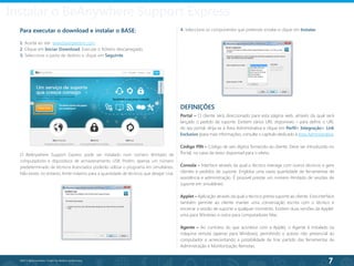 7
©2013 BeAnywhere. Todos os direitos reservados.
Para executar o download e instalar o BASE:
1. Aceda ao site www.beanywhere.com.
2. Clique em Iniciar Download. Execute o ficheiro descarregado.
3. Seleccione a pasta de destino e clique em Seguinte.
O BeAnywhere Support Express pode ser instalado num número ilimitado de
computadores e dispositivos de armazenamento USB. Porém, apenas um número
predeterminado de técnicos licenciados poderão utilizar o programa em simultâneo.
Não existe, no entanto, limite máximo para a quantidade de técnicos que desejar criar.
Instalar o BeAnywhere Support Express
4. Seleccione os componentes que pretende instalar e clique em Instalar.
DEFINIÇÕES
Portal – O cliente será direccionado para esta página web, através da qual será
lançado o pedido de suporte. Existem vários URL disponíveis – para definir o URL
do seu portal, dirija-se à Área Administrativa e clique em Perfil> Integração> Link
Exclusivo (para mais informações, consulte o capítulo dedicado à Area Administrativa.
Código PIN – Código de seis dígitos fornecido ao cliente. Deve ser introduzido no
Portal, na caixa de texto disponível para o efeito.
Consola – Interface através da qual o técnico interage com outros técnicos e gere
clientes e pedidos de suporte. Engloba uma vasta quantidade de ferramentas de
assistência e administração. É possível prestar um número ilimitado de sessões de
suporte em simultâneo.
Applet – Aplicação através da qual o técnico presta suporte ao cliente. Esta interface
também permite ao cliente manter uma conversação escrita com o técnico e
encerrar a sessão de suporte a qualquer momento. Existem duas versões da Applet:
uma para Windows e outra para computadores Mac.
Agente – Ao contrário do que acontece com a Applet, o Agente é instalado na
máquina remota (apenas para Windows), permitindo o acesso não presencial ao
computador e acrescentando a possibilidade de tirar partido das ferramentas de
Administração e Monitorização Remotas.
 