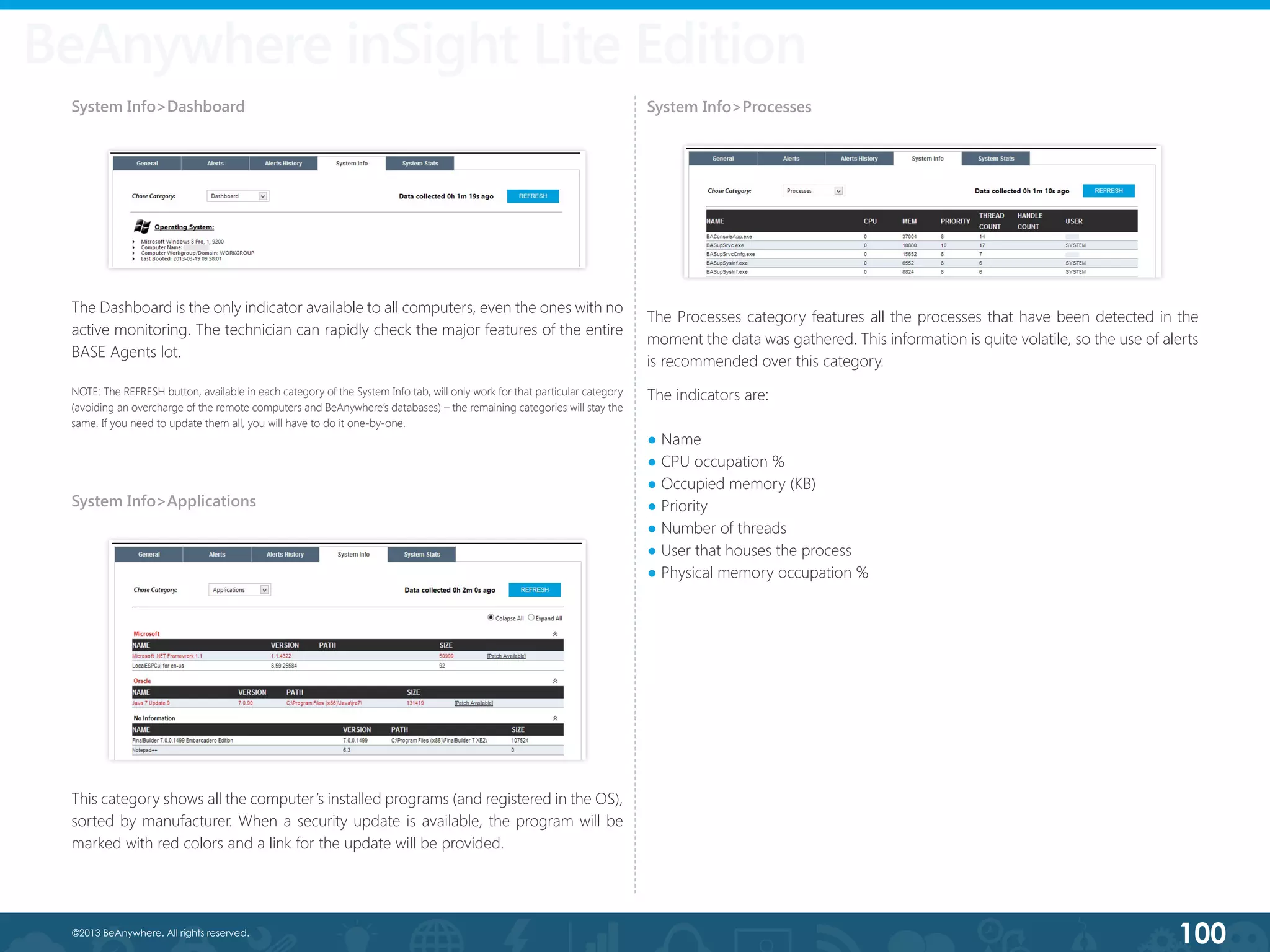 100©2013 BeAnywhere. All rights reserved.
BeAnywhere inSight Lite Edition
System Info>Dashboard
The Dashboard is the only indicator available to all computers, even the ones with no
active monitoring. The technician can rapidly check the major features of the entire
BASE Agents lot.
NOTE: The REFRESH button, available in each category of the System Info tab, will only work for that particular category
(avoiding an overcharge of the remote computers and BeAnywhere’s databases) – the remaining categories will stay the
same. If you need to update them all, you will have to do it one-by-one.
System Info>Applications
System Info>Processes
This category shows all the computer’s installed programs (and registered in the OS),
sorted by manufacturer. When a security update is available, the program will be
marked with red colors and a link for the update will be provided.
The Processes category features all the processes that have been detected in the
moment the data was gathered. This information is quite volatile, so the use of alerts
is recommended over this category.
The indicators are:
● Name
● CPU occupation %
● Occupied memory (KB)
● Priority
● Number of threads
● User that houses the process
● Physical memory occupation %
 